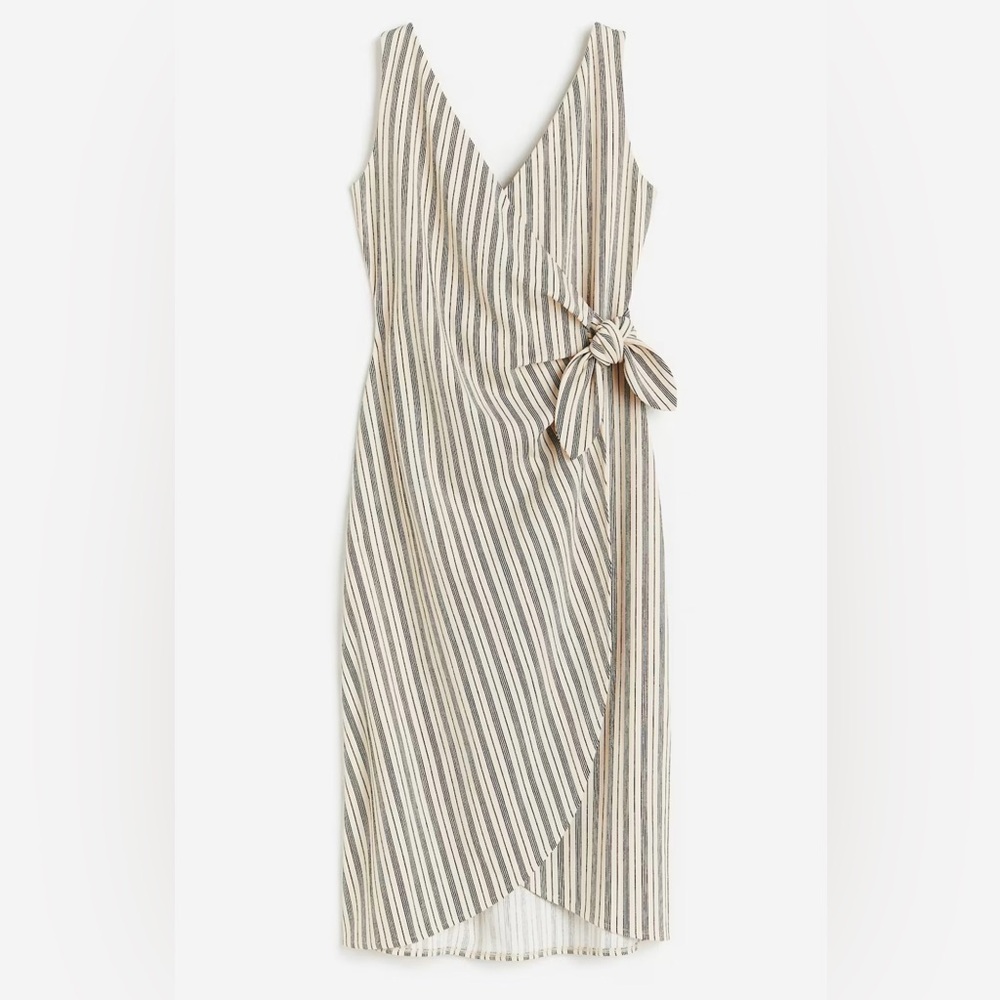 H&M - Beige Striped Wrap Midi Dress Size XS Sleeveless Tie Waist